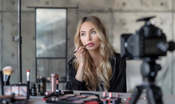 Beauty vlog makeup session. A blonde woman in the midst of a makeup session, focused and applying lip color with precision as she records a tutorial for her followers.