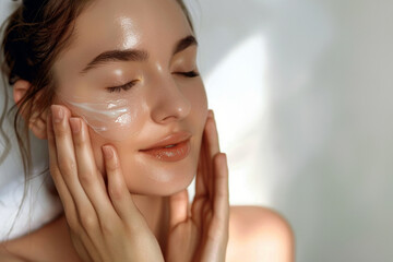 A beautiful woman enjoying skincare routine applies clear, nourishing facial mask.