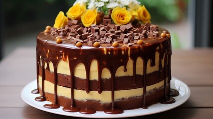 Drip cake with ganache or caramel dripping down the sides.