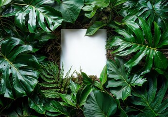 Top view of a white blank paper surrounded by lush green tropical leaves and ferns, creating an organic frame for design or text in the style of a jungle setting.