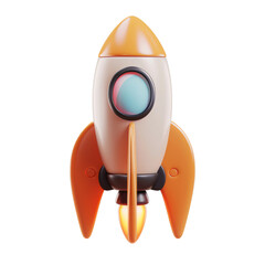 3d cartoon style minimal spaceship rocket icon. Toy rocket upswing ,spewing smoke. Startup, space, business concept.