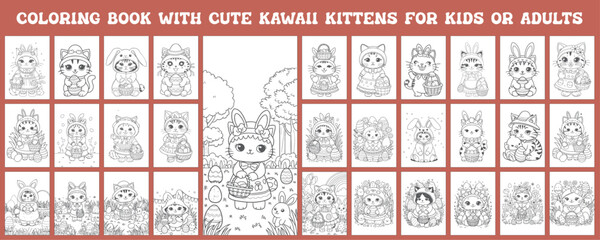Cute Kawaii kitten set of print-ready coloring book for children. Black and white line drawing vector illustration. isolated on white background. 