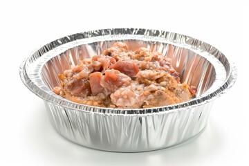Pet food in foil container on white background