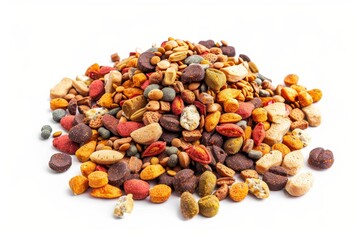 Pet food pile on white background