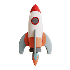 3d cartoon style minimal spaceship rocket icon. Toy rocket upswing ,spewing smoke. Startup, space, business concept.