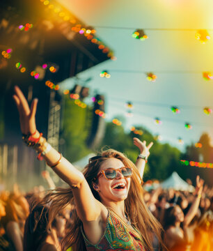 Hipster girl having fun at music festival outdoors. Enjoying at park during a summer festival.