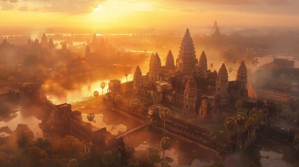 Intricate Beauty: Angkor Wat Aerial Shot, generative ai