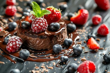 Photo of scrumptious chocolate dessert with berries on white background