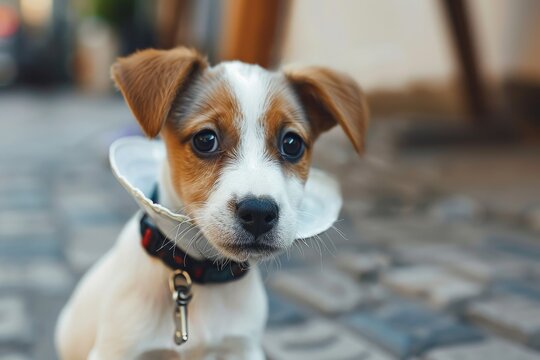 Photographing puppy with collar after accident
