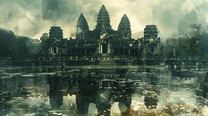 Fototapeta premium Temple in the Rain: Angkor Wat Watercolor, generative ai