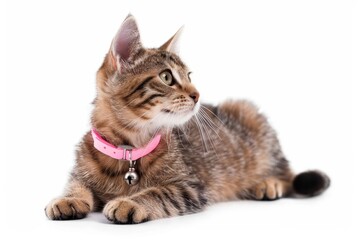 Pink cat collar with bell on white background