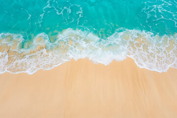 Aerial top view on nature landscape view of beautiful tropical clean sandy beach and soft blue ocean. Aerial top-down view.