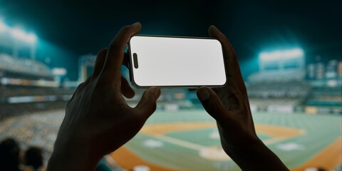 A hand holds a smartphone with a blank screen at a baseball stadium