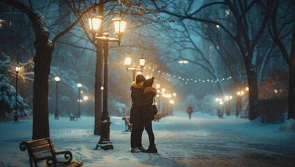 Soft street lamps glow: romantic couple embrace under snowy urban park night - obrazy, fototapety, plakaty
