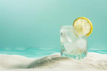 A refreshing glass of cold drink with ice and a lemon slice is perched on a mound of sand against a tranquil teal backdrop, evoking a summery beach vibe