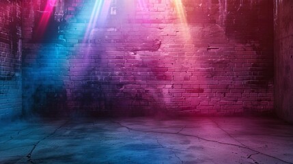 Old room with brick walls, neon light, rays of light.