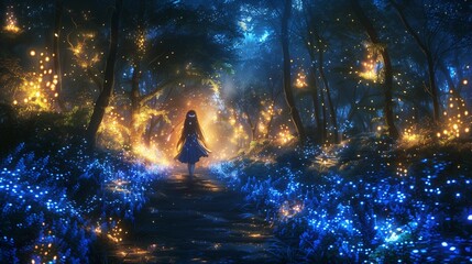 Luminous Hair Elf Exploring Mystical Forest, generative ai