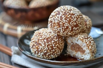 Sesame coated rice cake with sweet bean paste filling