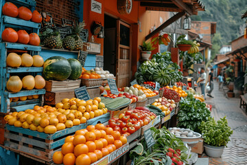 Fruit and Vegetable Stand on Cobblestone Street