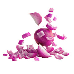 Red onion slices and pieces on Transparent Background