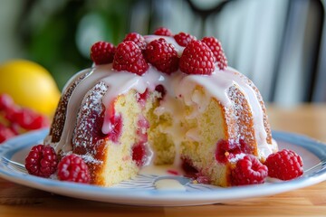Summer Lemon Bundt Cake with Caraway Seed Raspberries and Sugar Glaze - obrazy, fototapety, plakaty