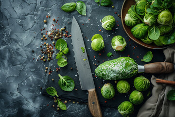 Brussel Sprouts and Knife on Table
