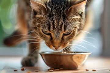 Tabby cat eats hypoallergenic dry food from bowl for feline health Indoor pets complete balanced...