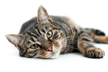 Tabby cat posing for camera on white background