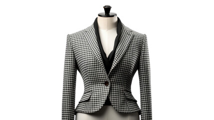 A mannequin showcases a stylish black and white jacket