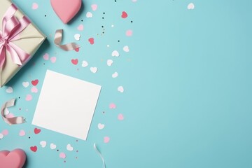 Valentine's Day setup with pink gifts, heart confetti, and space for a love note on a turquoise background.