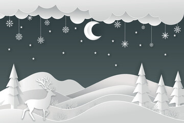 Fototapeta na wymiar Simple Deer in forest with snow christmas and winter season,paper art and digital craft style