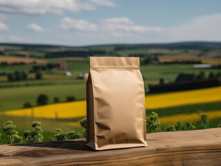 Paper grocery bag on the background of nature and sky. Mockup. Close view. 