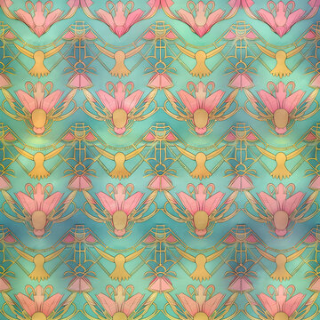 High resolution, shaded pink and gold watercolor pattern, Egyptian themed on light teal background - tile - no watermarks -