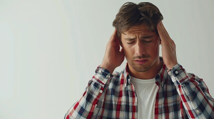 Man covers ears with hands in discomfort, likely from a headache - obrazy, fototapety, plakaty