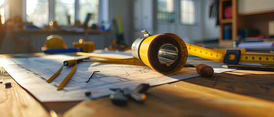 A yellow tape measure and various construction tools are arranged on top of blueprints on a table. An engineer working area with construction plans, yellow helmet, and drawing tools on blueprints.