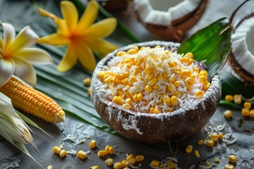 Thai dessert with corn coconut milk jasmine on hemp