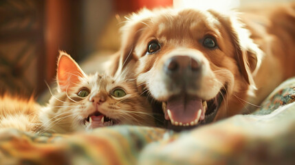 Cute Dog and Cat Companions Lying Together on Bed