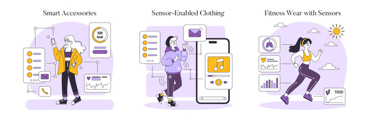 Tech-Infused Fashion set. Showcasing wearable technology with smart accessories, sensor-embedded clothing, and fitness gear for a connected lifestyle. Vector illustration