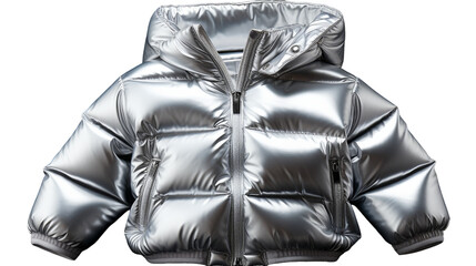 A shiny silver jacket with a hood glistens in the sun, radiating a sense of futuristic allure