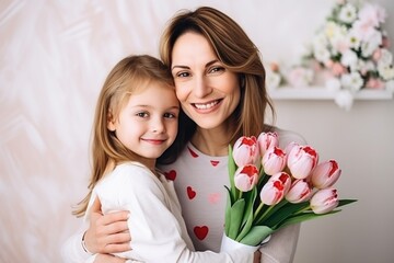 Warm embrace between a mother and daughter with fresh tulips.