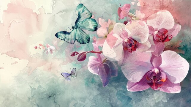 Beautiful orchid flower with butterfly garland in watercolor painting style. AI generated image
