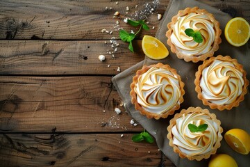 Three lemon meringue tarts with mint on table