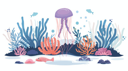 Illustration of a cute jellyfish near the coral ree