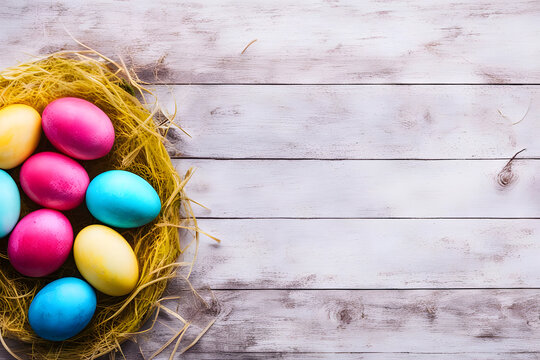 Colorful easter eggs in nest on wooden background with copy space