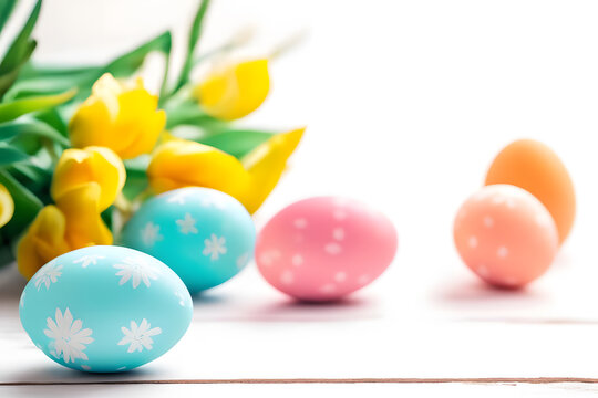 Colorful easter eggs and spring tulips on white wooden background