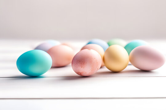 Colorful easter eggs on white wooden background. Happy Easter