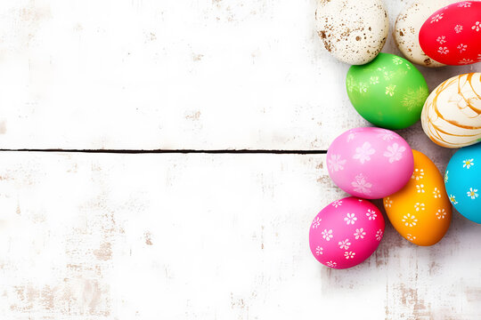 Colorful easter eggs on white wooden background. Top view with copy space