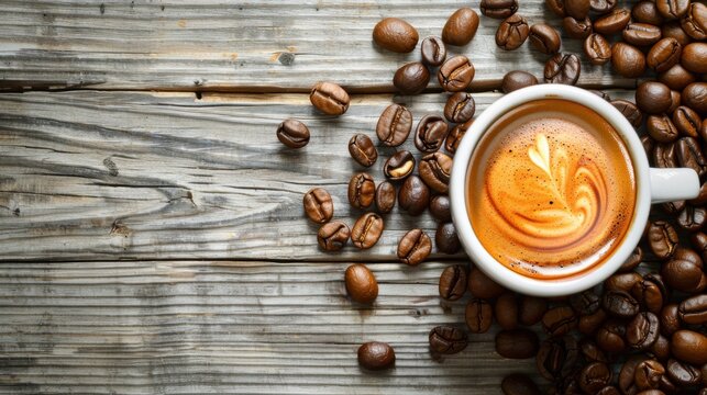 Top view a cup hot espresso coffee with coffee beans on wooden board background. AI generated image
