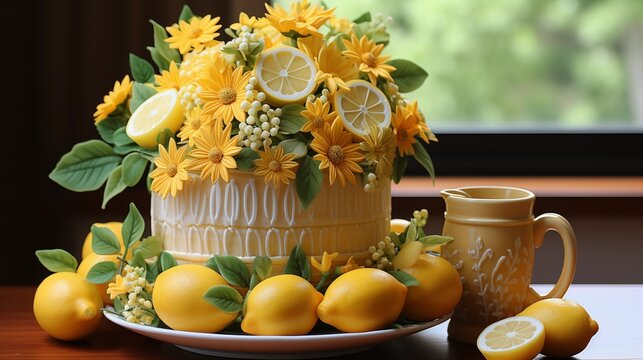 Lemonade stand cake with fondant lemon slices, straws, and lemonade pitcher.