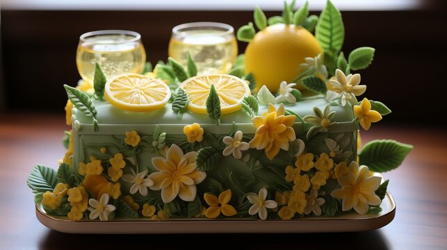 Lemonade stand cake with fondant lemon slices, straws, and lemonade pitcher.